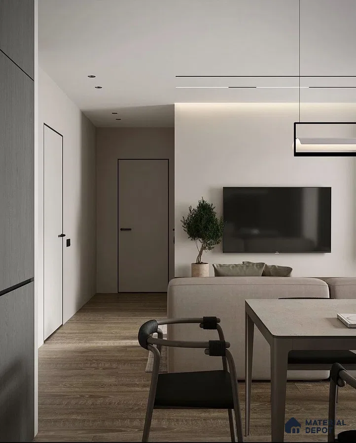 A kitchen with marble counter tops and stainless steel appliances on the wall, along with hanging lights hanging from the ceiling over the ceiling in front of a wooden counter top of a dining room table next to a